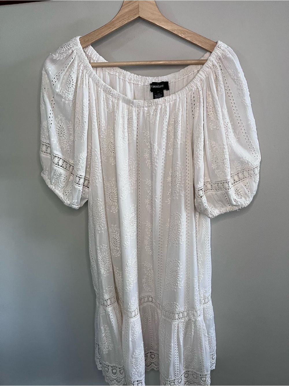 Karen Kane White Embroidered Lace Peasant Dress Puff Sleeve Boho Medium